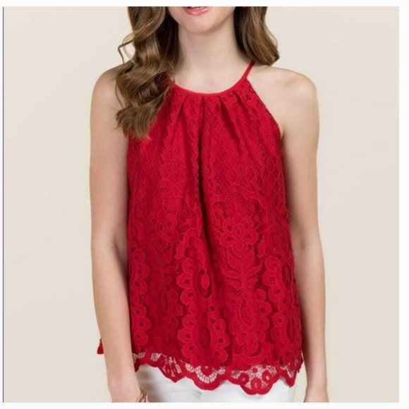 Francesca's Collection Blue Rain Lace High Neck Tank Top - Picture 1 of 10